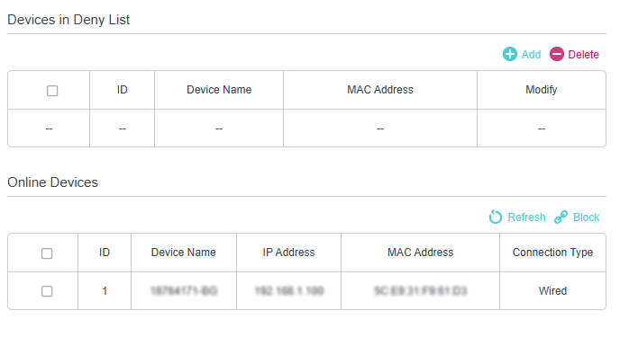 Deny List and Online Devices management page, showing an empty deny list table and one wired device connected with its IP and MAC address
