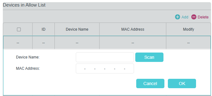 Click add button to create a new profile, featuring columns of ID, Device name, MAC Address and Modify