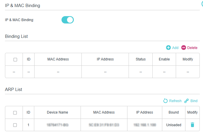 IP & MAC Binding settings page, showing an enabled toggle and an ARP List with one device.