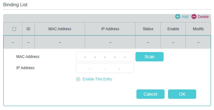 Binding List table example, featuring MAC address and IP address.