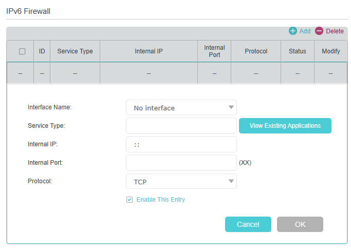 IPv6 Firewall page, featuring a configuration form with fields for Interface Name, Service Type, Internal IP, Internal Port, and Protocol