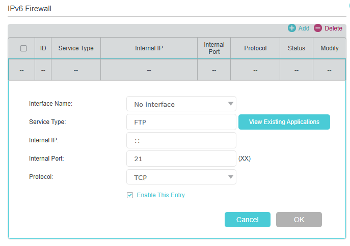 IPv6 Firewall configuration page, showing a rule setup for an FTP service with internal port 21 and TCP protocol