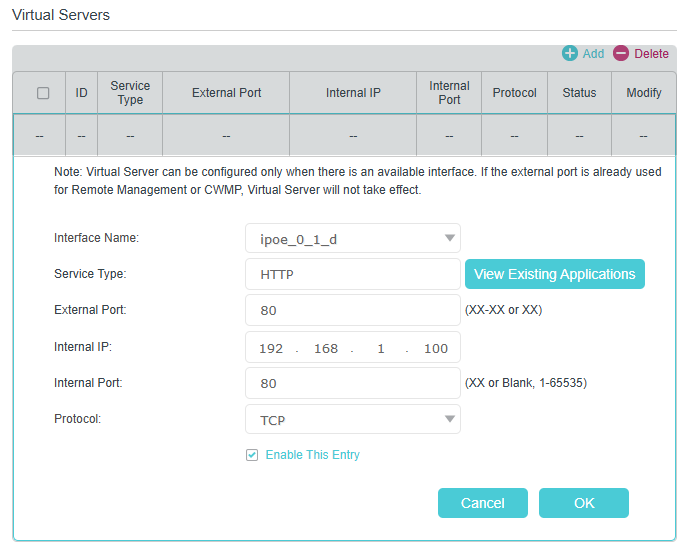 Virtual Server configuration page, taking HTTP service as an example.
