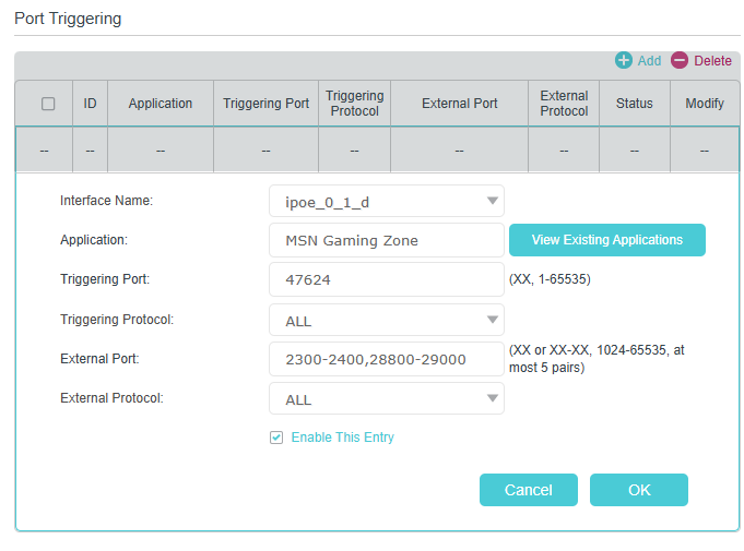 Port Triggering settings page, taking MSN Gaming Zone application as an example