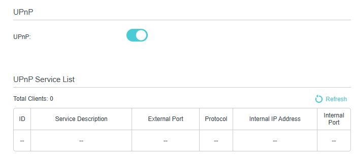 UPnP settings page, showing the feature enabled and displaying a Service List table with one active client