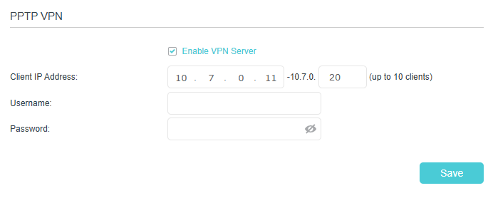 PPTP VPN setting page with VPN server enabled, showing fields for client IP address, default username and password.