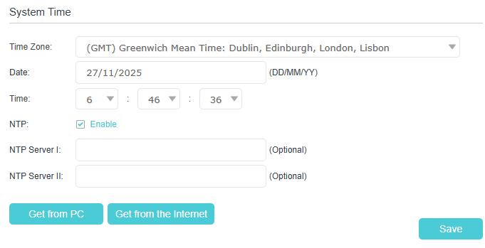 System time setting page, showing time zone, date, time, NTP status, and NTP server.
