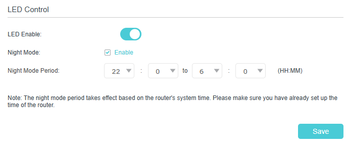 LED settings page with LED on and night mode enabled for setting LED off time.