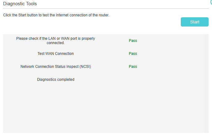 Internet connection test page with a Start button on the right side.