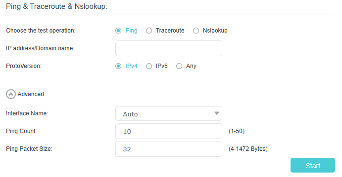 Ping & Traceroute & Nslookup setting page, setting test operation to Ping and ProtoVersion to IPv4 as an example.
