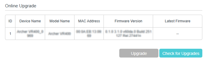 Online update table with a check for update button on the right bottom.