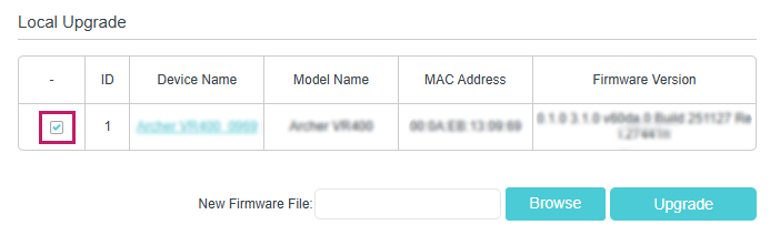 Local upgrade section with a table showing the device to be upgraded.