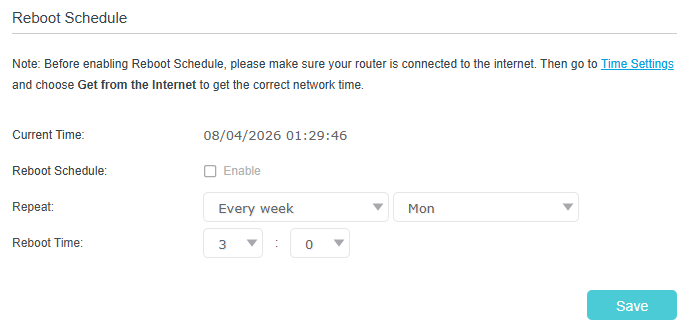 Displays manual reboot and reboot schedule.