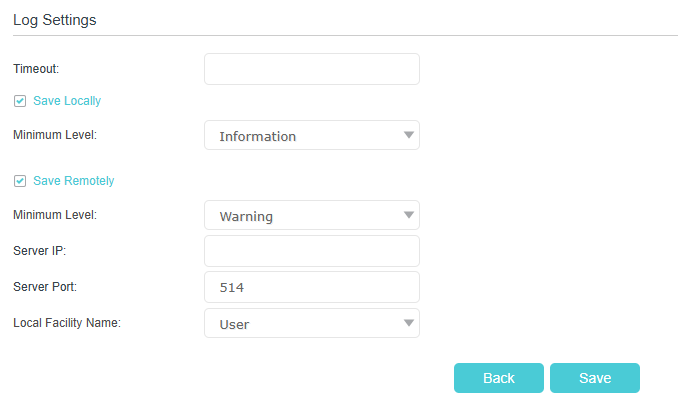 Displays log settings for local saving and remote saving.