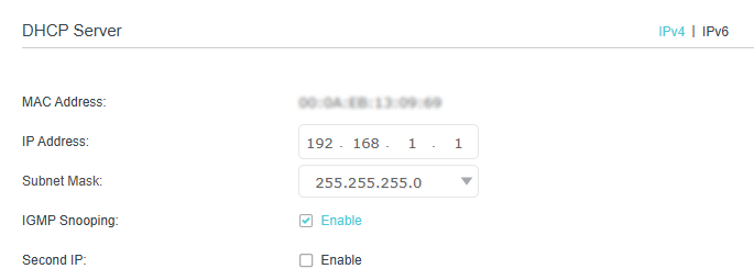 DHCP Server setting page, showing IP/MAC address, subnet mask, and switch for IGMP Snooping and Second IP.
