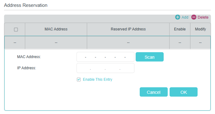 Address reservation profile with fields for MAC/IP address.