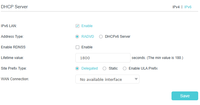 IPv6 DHCP server setting page, setting address type to RADVD as an example.