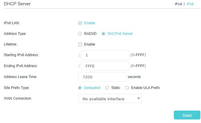 IPv6 DHCP server setting page, setting address type to DHCPv6 Server as an example.