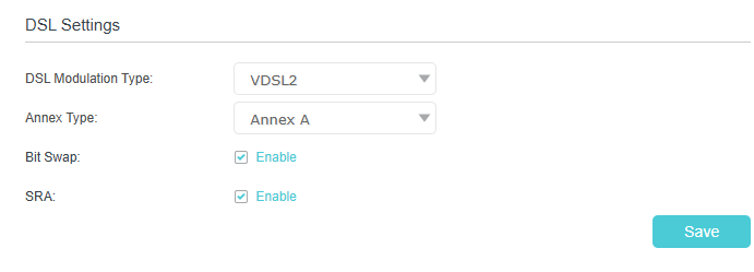 Displays DSL modulation type and annex type, with bit swap and SRA enabled.