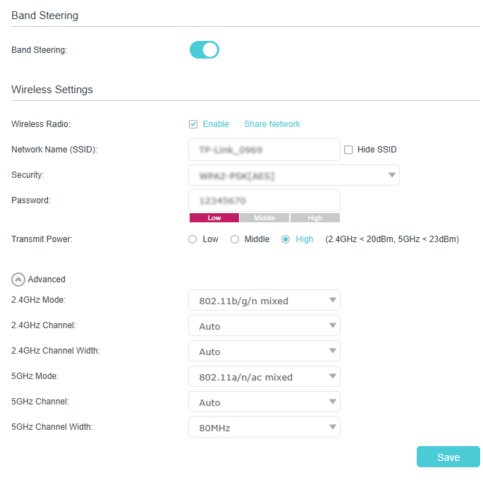 Wireless setting page with band steering enabled.