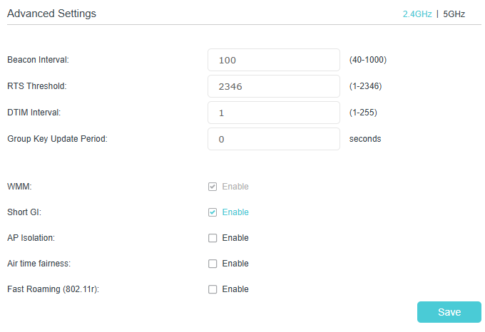Advanced wireless settings, showing beacon interval, RTS threshold, DTIM interval, group key update period values.
