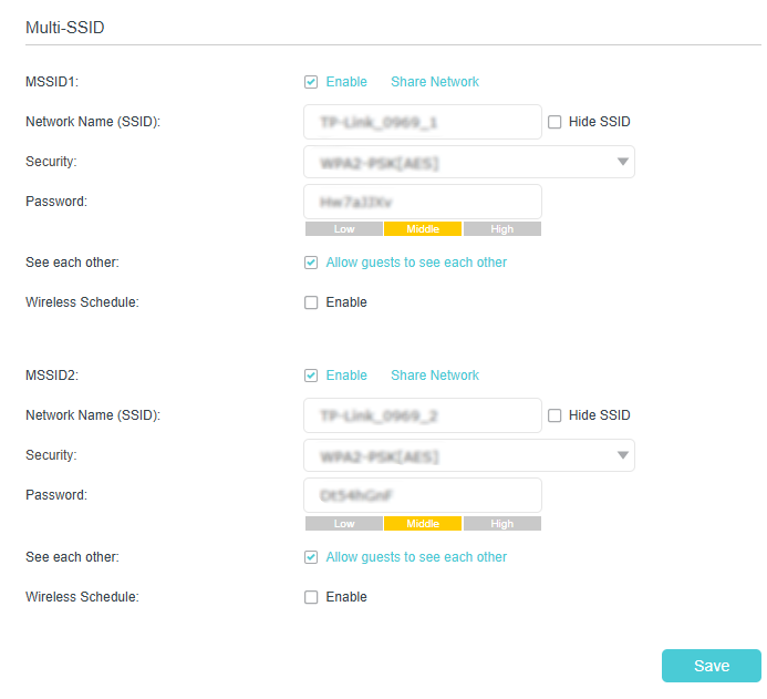 Select the checkbox to enable multi ssid 1 or 2, with network name, security, and password.