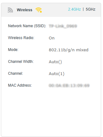 2.4 GHz wireless panel, showing network name, wireless radio status, mode, channel width, channel and MAC address.