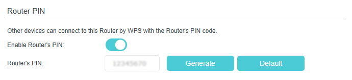 WPS setting page with router's PIN enabled, and a field to display the router's PIN.