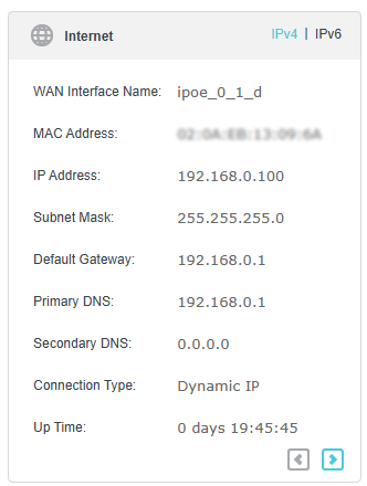 Image of internet status displayed on the web management page