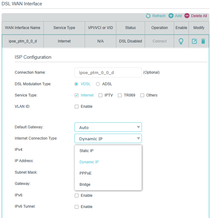 Image of selecting internet connection type.