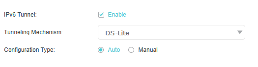 IPv6 Tunnel set to DS-Lite with a configuration type set to Auto by default.