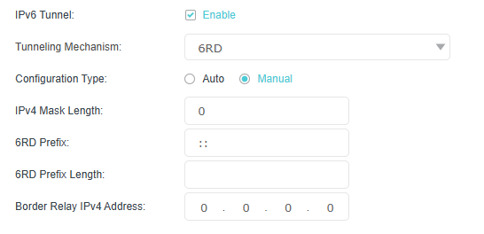 IPv6 Tunnel set to 6RD with a configuration type set to Manual by default.