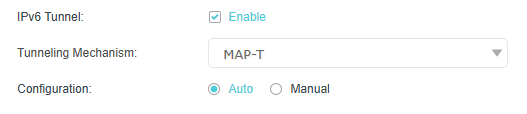 IPv6 Tunnel set to MAP-T with a configuration type set to Auto by default.