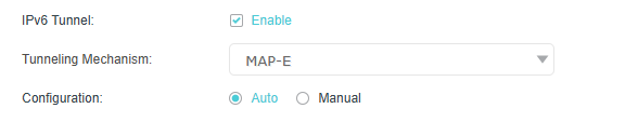 IPv6 Tunnel set to MAP-E with a configuration type set to Auto by default.