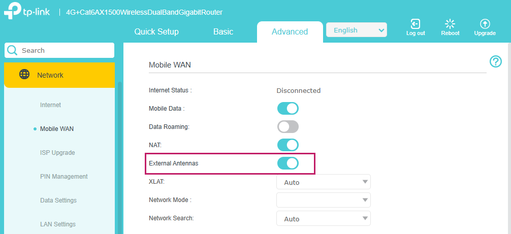 Enable external antennas on the web page.
