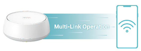 A white, round TP-Link Deco Wi-Fi mesh device pictured next to an illustration of a smartphone receiving a strong Wi-Fi signal, with the text "Multi-Link Operation" in the center.