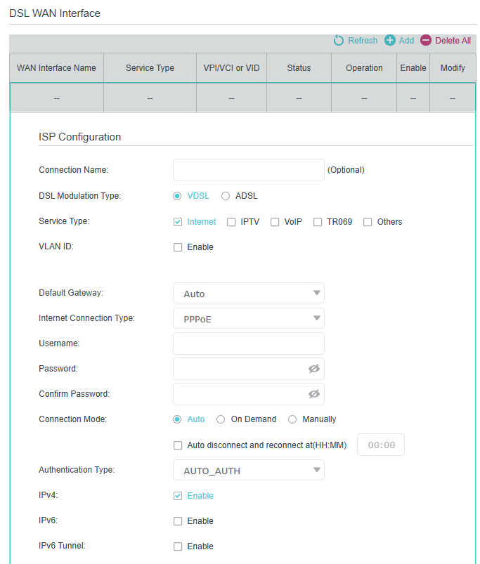 Image of DSL WAN configuration interface