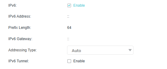 IPv6 parameters and configuration page in EWAN mode