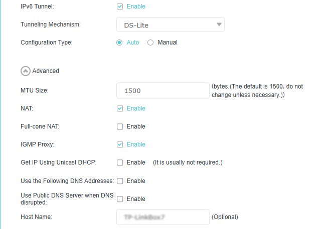 IPv6 tunnel parameters and configuration page