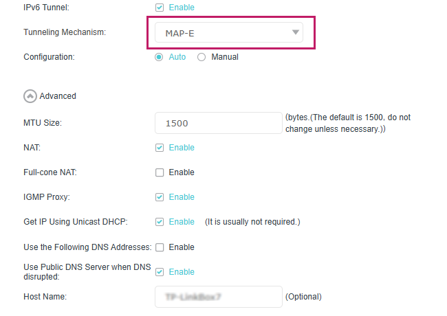 MAP-E configuration page