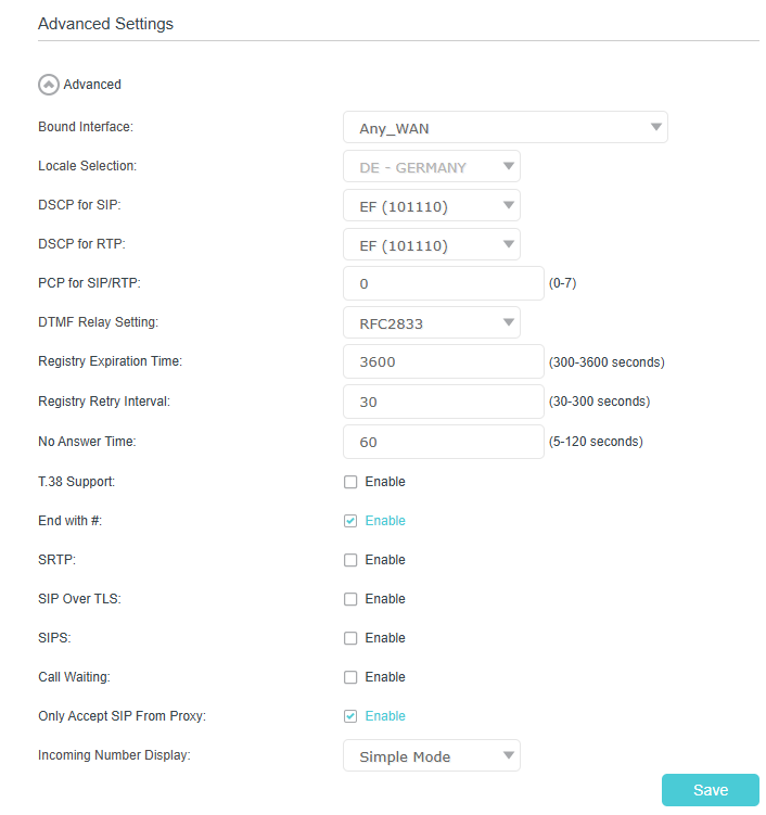Image of advanced settings for telephone number