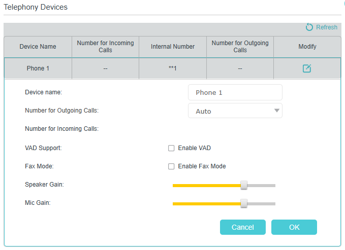 Image of telephony devices configuration page