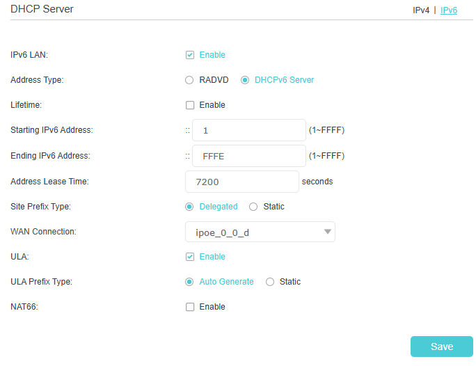 Image for IPv6 DHCPv6 server settings