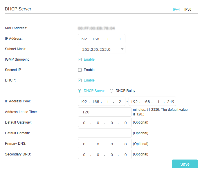 Image of DHCP server page with primary DNS is 8.8.8.8