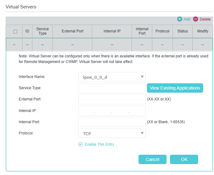 Image of virtual server setting page