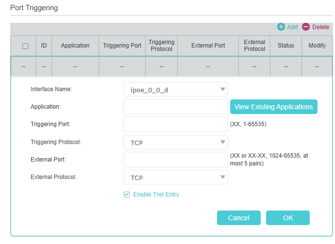 Image of adding a port triggering profile