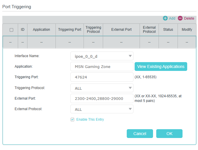 Image of setting example of MSN Gaming Zone