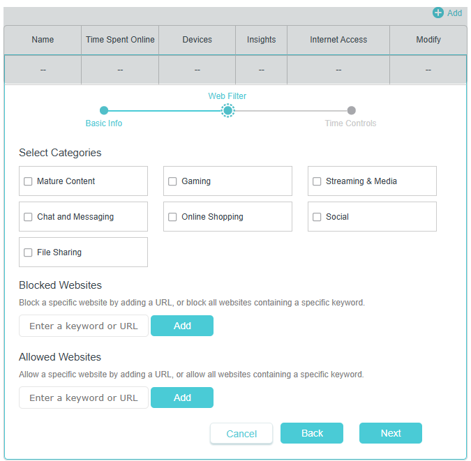 The window to set content filter of the profile