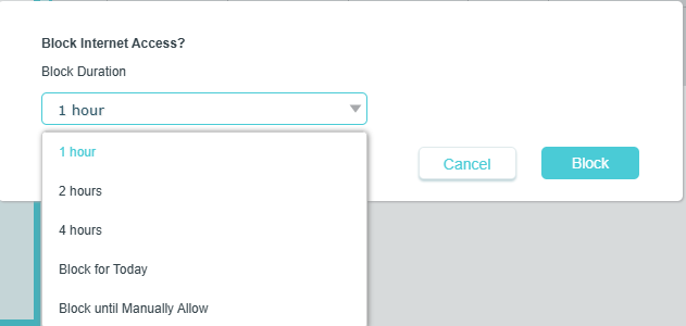 The window to set internet access block duration.