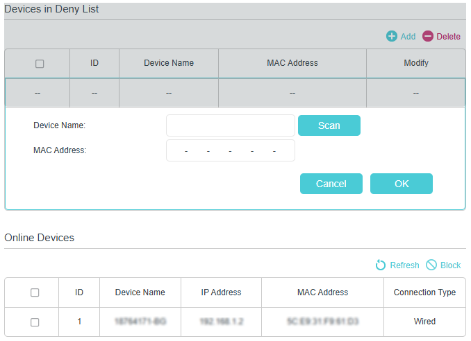 Image of adding a device to deny list